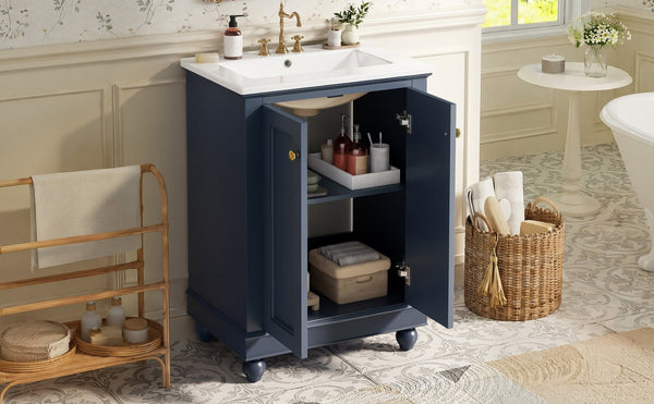 English Elm 24 Inch Bathroom Vanity with Ceramic Sink Carved Legs Soft Close Cabinet Storage Blue N710P446524C