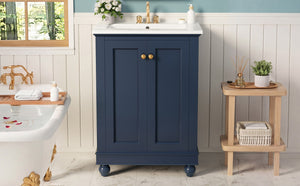 English Elm 24 Inch Bathroom Vanity with Ceramic Sink Carved Legs Soft Close Cabinet Storage Blue N710P446524C