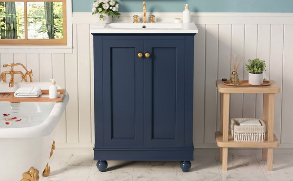 English Elm 24 Inch Bathroom Vanity with Ceramic Sink Carved Legs Soft Close Cabinet Storage Blue N710P446524C