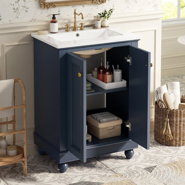 English Elm 24 Inch Bathroom Vanity with Ceramic Sink Carved Legs Soft Close Cabinet Storage Blue N710P446524C