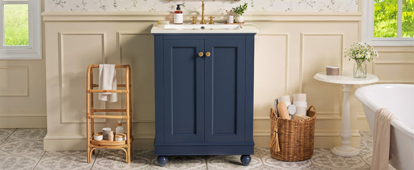 English Elm 24 Inch Bathroom Vanity with Ceramic Sink Carved Legs Soft Close Cabinet Storage Blue N710P446524C
