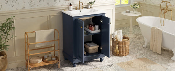 English Elm 24 Inch Bathroom Vanity with Ceramic Sink Carved Legs Soft Close Cabinet Storage Blue N710P446524C