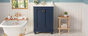 English Elm 24 Inch Bathroom Vanity with Ceramic Sink Carved Legs Soft Close Cabinet Storage Blue N710P446524C