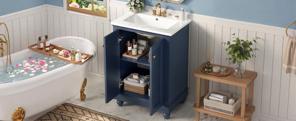 English Elm 24 Inch Bathroom Vanity with Ceramic Sink Carved Legs Soft Close Cabinet Storage Blue N710P446524C