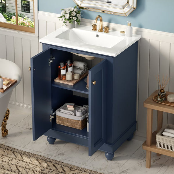 English Elm 24 Inch Bathroom Vanity with Ceramic Sink Carved Legs Soft Close Cabinet Storage Blue N710P446524C