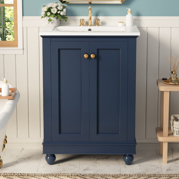 English Elm 24 Inch Bathroom Vanity with Ceramic Sink Carved Legs Soft Close Cabinet Storage Blue N710P446524C