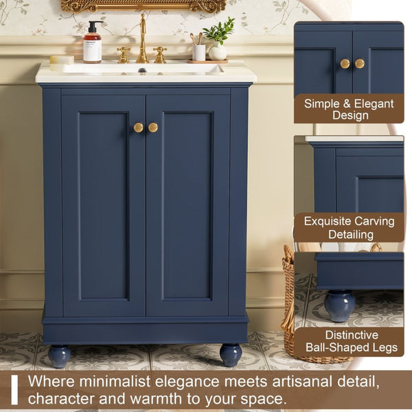 English Elm 24 Inch Bathroom Vanity with Ceramic Sink Carved Legs Soft Close Cabinet Storage Blue N710P446524C