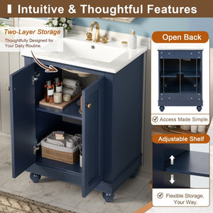 English Elm 24 Inch Bathroom Vanity with Ceramic Sink Carved Legs Soft Close Cabinet Storage Blue N710P446524C