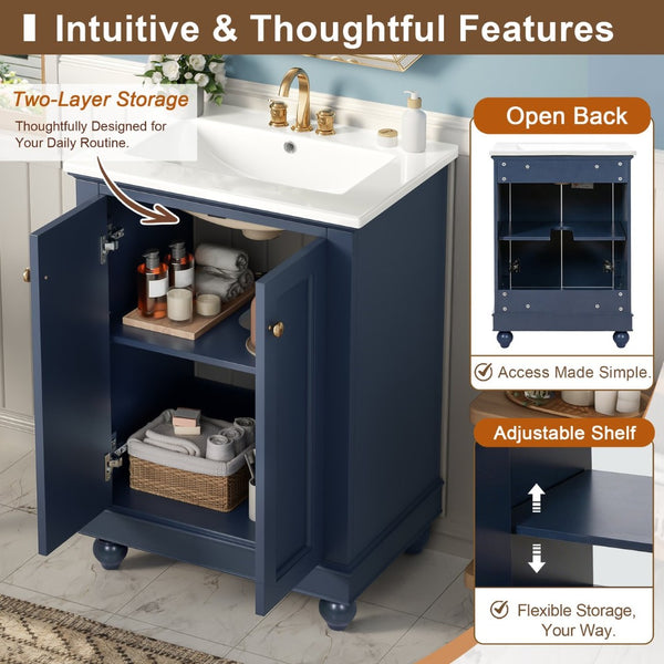 English Elm 24 Inch Bathroom Vanity with Ceramic Sink Carved Legs Soft Close Cabinet Storage Blue N710P446524C