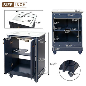 English Elm 24 Inch Bathroom Vanity with Ceramic Sink Carved Legs Soft Close Cabinet Storage Blue N710P446524C