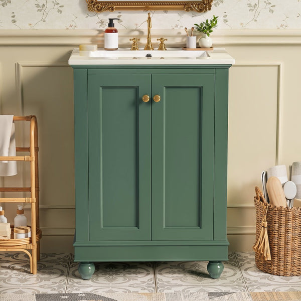 English Elm 24 Inch Bathroom Vanity with Ceramic Sink Carved Legs Soft Close Cabinet Storage Green N710P446524F