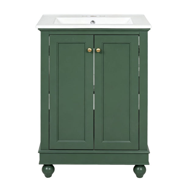 English Elm 24 Inch Bathroom Vanity with Ceramic Sink Carved Legs Soft Close Cabinet Storage Green N710P446524F