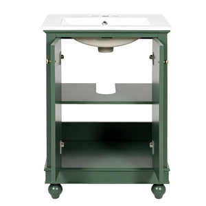 English Elm 24 Inch Bathroom Vanity with Ceramic Sink Carved Legs Soft Close Cabinet Storage Green N710P446524F