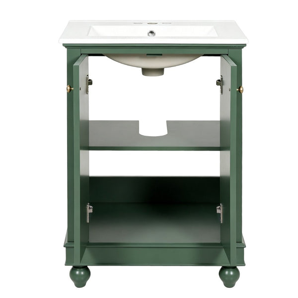 English Elm 24 Inch Bathroom Vanity with Ceramic Sink Carved Legs Soft Close Cabinet Storage Green N710P446524F