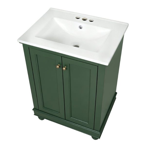 English Elm 24 Inch Bathroom Vanity with Ceramic Sink Carved Legs Soft Close Cabinet Storage Green N710P446524F