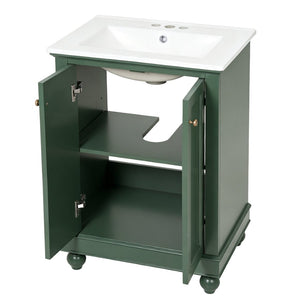 English Elm 24 Inch Bathroom Vanity with Ceramic Sink Carved Legs Soft Close Cabinet Storage Green N710P446524F