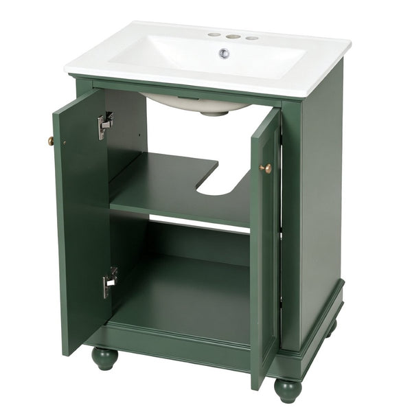 English Elm 24 Inch Bathroom Vanity with Ceramic Sink Carved Legs Soft Close Cabinet Storage Green N710P446524F