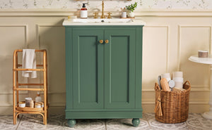 English Elm 24 Inch Bathroom Vanity with Ceramic Sink Carved Legs Soft Close Cabinet Storage Green N710P446524F