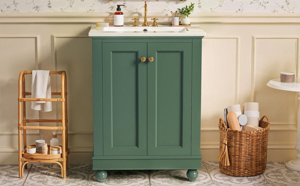 English Elm 24 Inch Bathroom Vanity with Ceramic Sink Carved Legs Soft Close Cabinet Storage Green N710P446524F