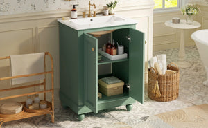 English Elm 24 Inch Bathroom Vanity with Ceramic Sink Carved Legs Soft Close Cabinet Storage Green N710P446524F
