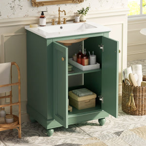 English Elm 24 Inch Bathroom Vanity with Ceramic Sink Carved Legs Soft Close Cabinet Storage Green N710P446524F