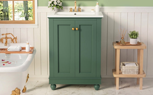 English Elm 24 Inch Bathroom Vanity with Ceramic Sink Carved Legs Soft Close Cabinet Storage Green N710P446524F