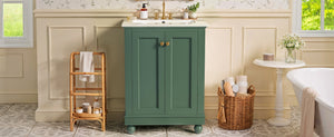 English Elm 24 Inch Bathroom Vanity with Ceramic Sink Carved Legs Soft Close Cabinet Storage Green N710P446524F