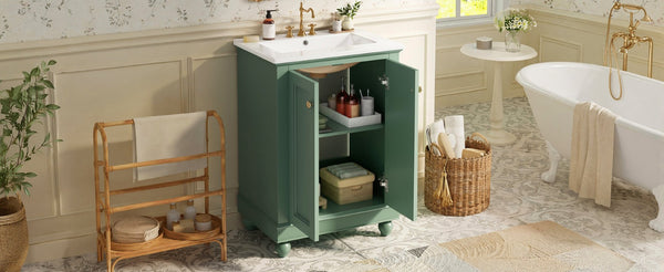 English Elm 24 Inch Bathroom Vanity with Ceramic Sink Carved Legs Soft Close Cabinet Storage Green N710P446524F