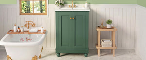 English Elm 24 Inch Bathroom Vanity with Ceramic Sink Carved Legs Soft Close Cabinet Storage Green N710P446524F
