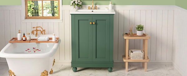 English Elm 24 Inch Bathroom Vanity with Ceramic Sink Carved Legs Soft Close Cabinet Storage Green N710P446524F