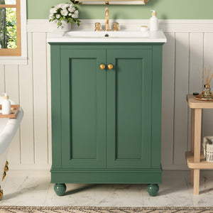 English Elm 24 Inch Bathroom Vanity with Ceramic Sink Carved Legs Soft Close Cabinet Storage Green N710P446524F