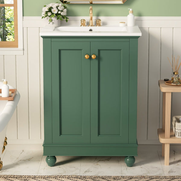 English Elm 24 Inch Bathroom Vanity with Ceramic Sink Carved Legs Soft Close Cabinet Storage Green N710P446524F