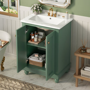 English Elm 24 Inch Bathroom Vanity with Ceramic Sink Carved Legs Soft Close Cabinet Storage Green N710P446524F