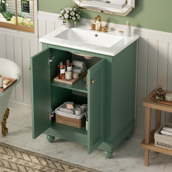 English Elm 24 Inch Bathroom Vanity with Ceramic Sink Carved Legs Soft Close Cabinet Storage Green N710P446524F