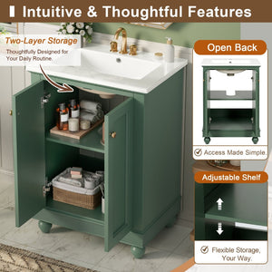 English Elm 24 Inch Bathroom Vanity with Ceramic Sink Carved Legs Soft Close Cabinet Storage Green N710P446524F