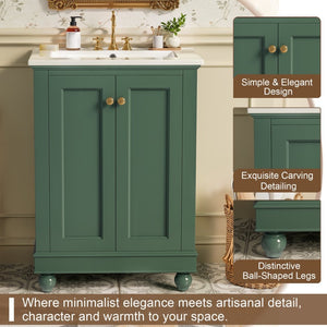 English Elm 24 Inch Bathroom Vanity with Ceramic Sink Carved Legs Soft Close Cabinet Storage Green N710P446524F