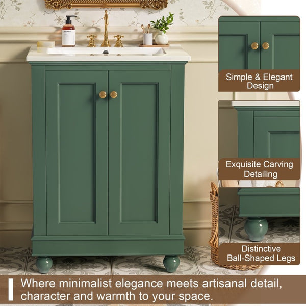 English Elm 24 Inch Bathroom Vanity with Ceramic Sink Carved Legs Soft Close Cabinet Storage Green N710P446524F