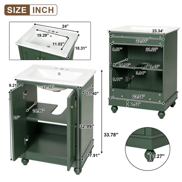 English Elm 24 Inch Bathroom Vanity with Ceramic Sink Carved Legs Soft Close Cabinet Storage Green N710P446524F