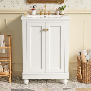 English Elm 24 Inch Bathroom Vanity with Ceramic Sink Carved Legs Soft Close Cabinet Storage White N710P446524K