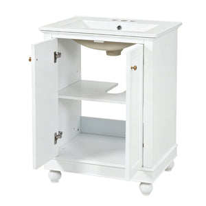 English Elm 24 Inch Bathroom Vanity with Ceramic Sink Carved Legs Soft Close Cabinet Storage White N710P446524K