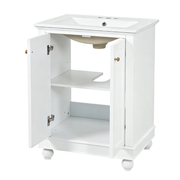 English Elm 24 Inch Bathroom Vanity with Ceramic Sink Carved Legs Soft Close Cabinet Storage White N710P446524K
