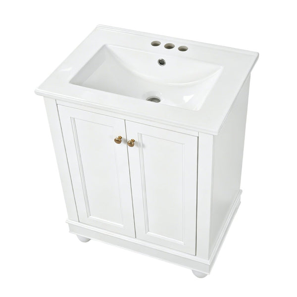 English Elm 24 Inch Bathroom Vanity with Ceramic Sink Carved Legs Soft Close Cabinet Storage White N710P446524K