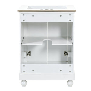 English Elm 24 Inch Bathroom Vanity with Ceramic Sink Carved Legs Soft Close Cabinet Storage White N710P446524K