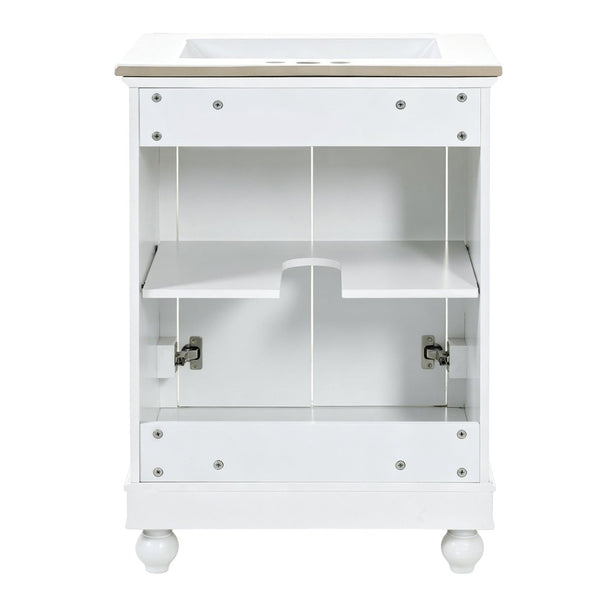 English Elm 24 Inch Bathroom Vanity with Ceramic Sink Carved Legs Soft Close Cabinet Storage White N710P446524K