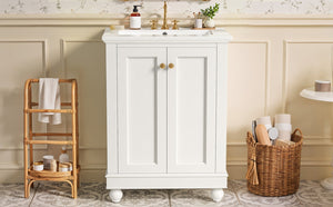 English Elm 24 Inch Bathroom Vanity with Ceramic Sink Carved Legs Soft Close Cabinet Storage White N710P446524K