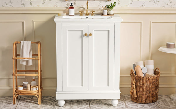 English Elm 24 Inch Bathroom Vanity with Ceramic Sink Carved Legs Soft Close Cabinet Storage White N710P446524K