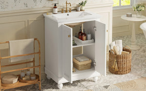 English Elm 24 Inch Bathroom Vanity with Ceramic Sink Carved Legs Soft Close Cabinet Storage White N710P446524K