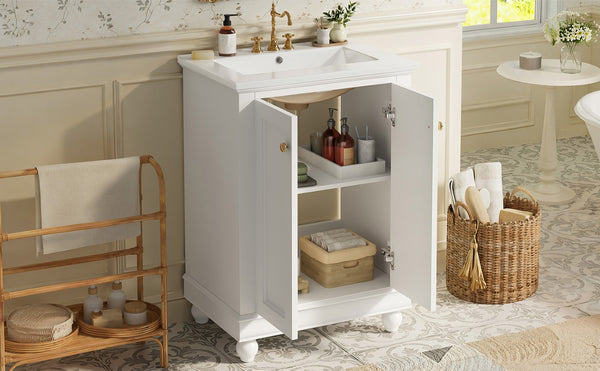 English Elm 24 Inch Bathroom Vanity with Ceramic Sink Carved Legs Soft Close Cabinet Storage White N710P446524K