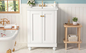 English Elm 24 Inch Bathroom Vanity with Ceramic Sink Carved Legs Soft Close Cabinet Storage White N710P446524K
