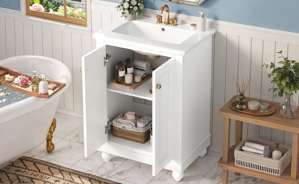 English Elm 24 Inch Bathroom Vanity with Ceramic Sink Carved Legs Soft Close Cabinet Storage White N710P446524K